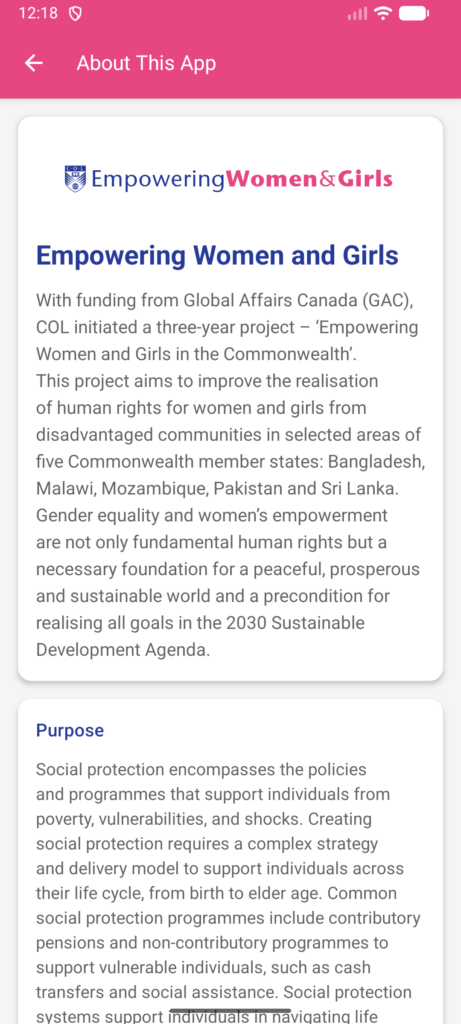 The main screen of the EWG Social Protection Mobile App