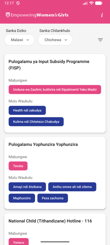 An example of the available programs, showing the language filter in Chichewa.